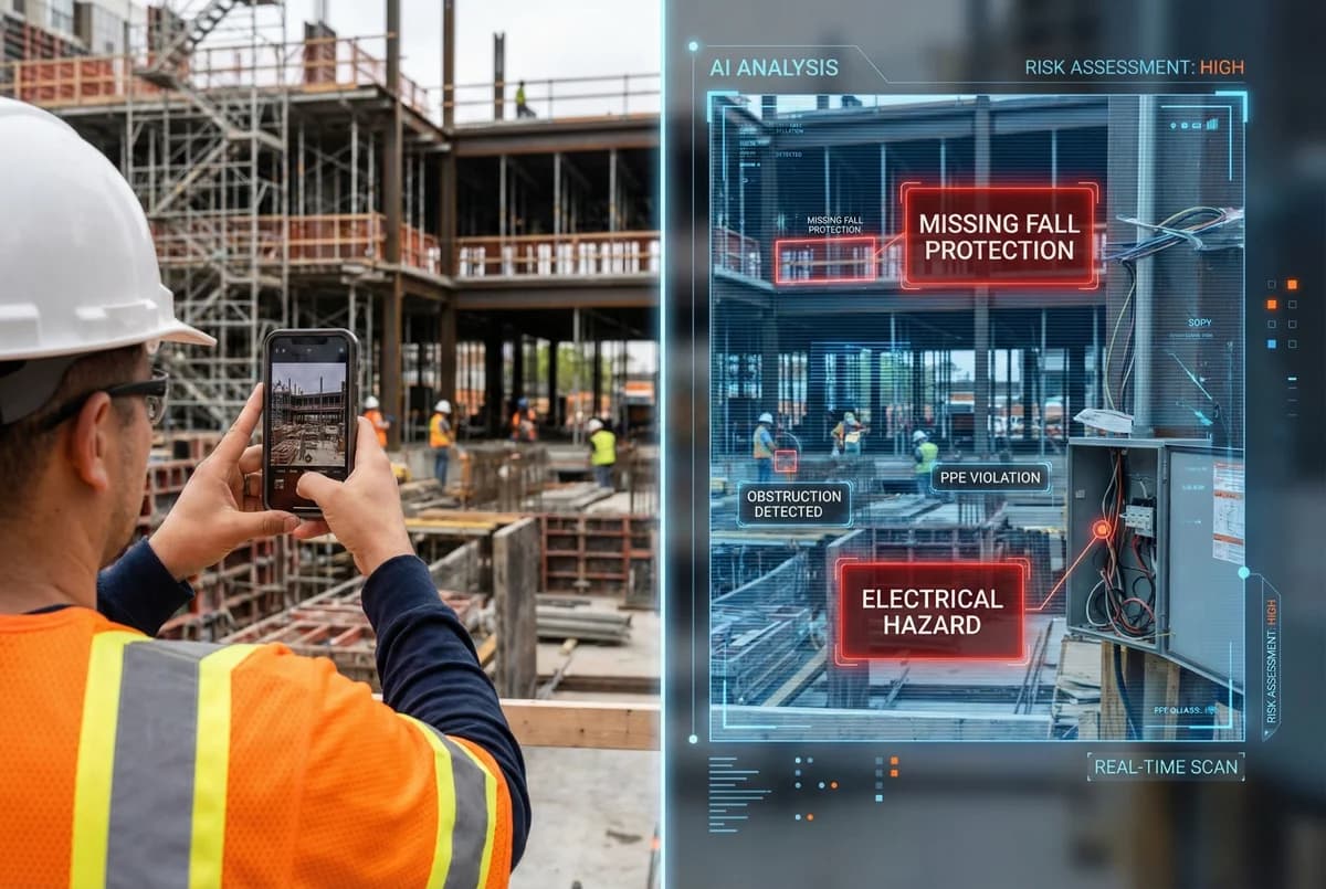 AI analyzing construction photo highlighting safety hazards