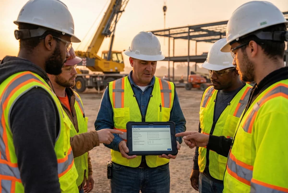 Construction crew conducting digital pre-task safety planning