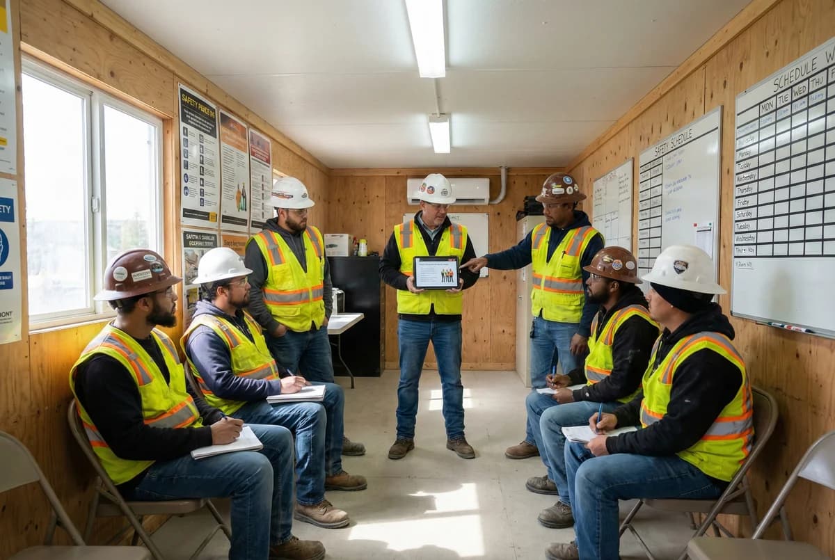 Construction workers participating in digital toolbox talk